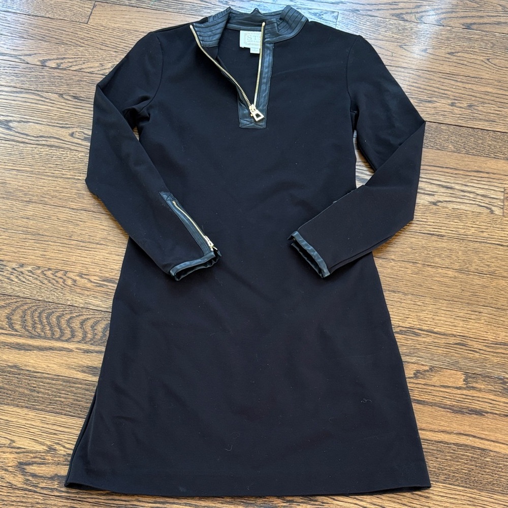 STS Sail to Sable Black Long-Sleeve Dress with faux leather trim, 1/4 zip, 0